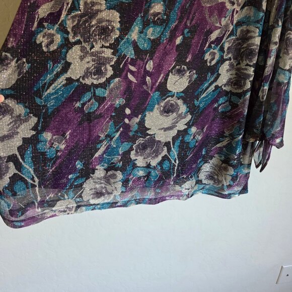 Susan Graver Occasions Foil Printed Knit Tie-Sleeve Blouse Top Plum/Teal 3X NWOT - Picture 4 of 11